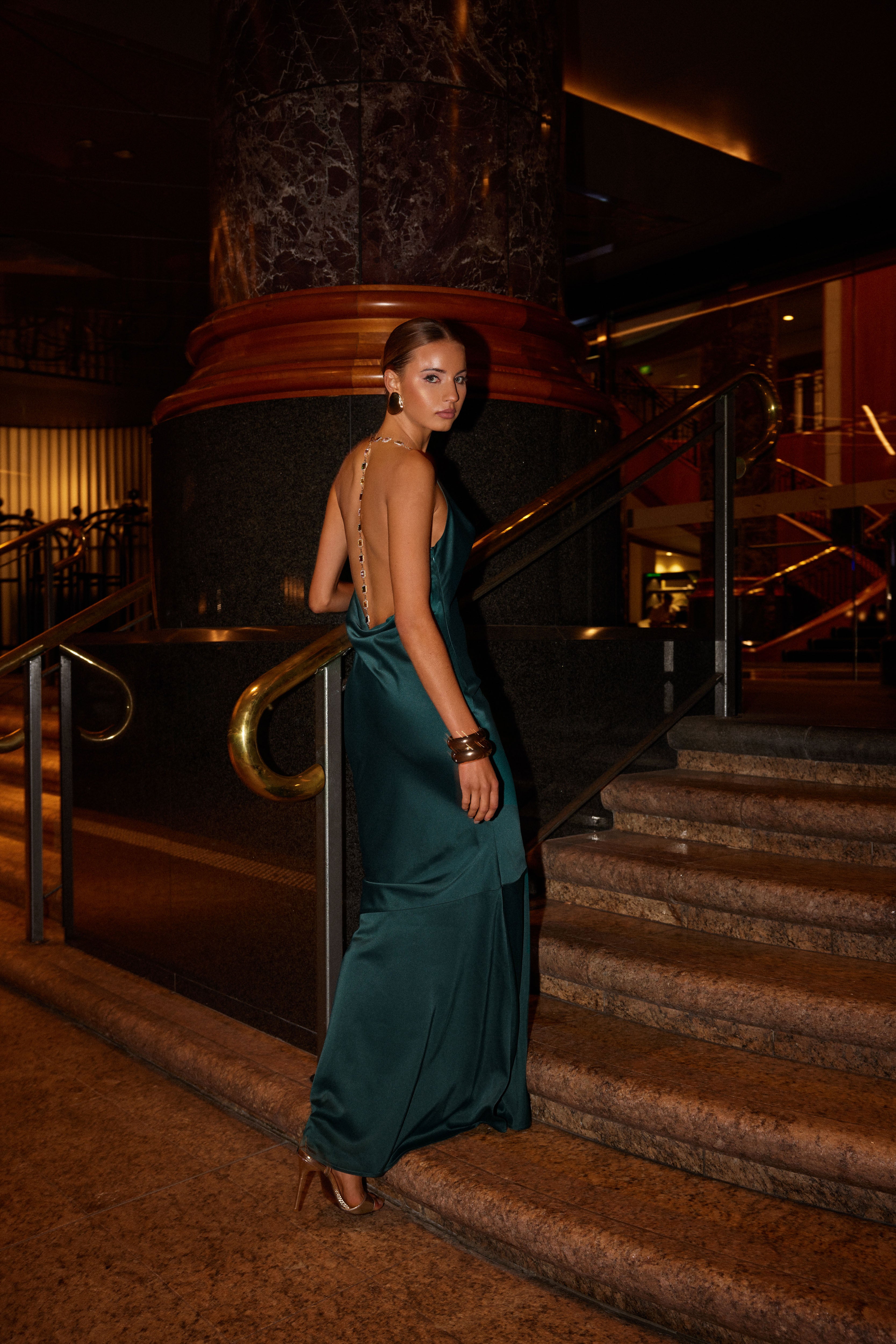 elle zeitoune green dress Classy from the front, unforgettable from the back , The Sarah Dress by Elle Zeitoune , Available in store & online in Taupe & Emerald Green